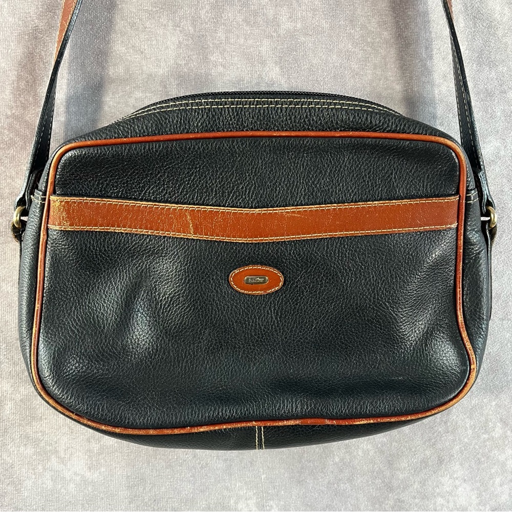 Vintage Bally Crossbody Handbag Black Cognac Brown Leather Trim Purse *See Pics*